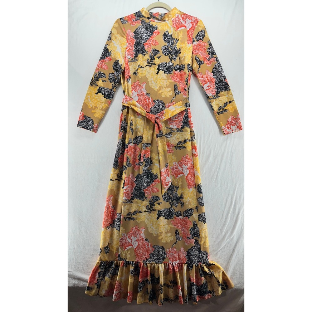 Vintage Edith Flagg California Crimplene Floral Maxi Dress Ruffle Hem Retro 12